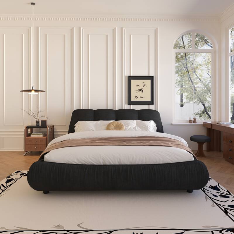 Queen Size Luxury Upholstered Platform Bed with Oversized Padded Backrest and Solid Wood Frame - Black - Queen