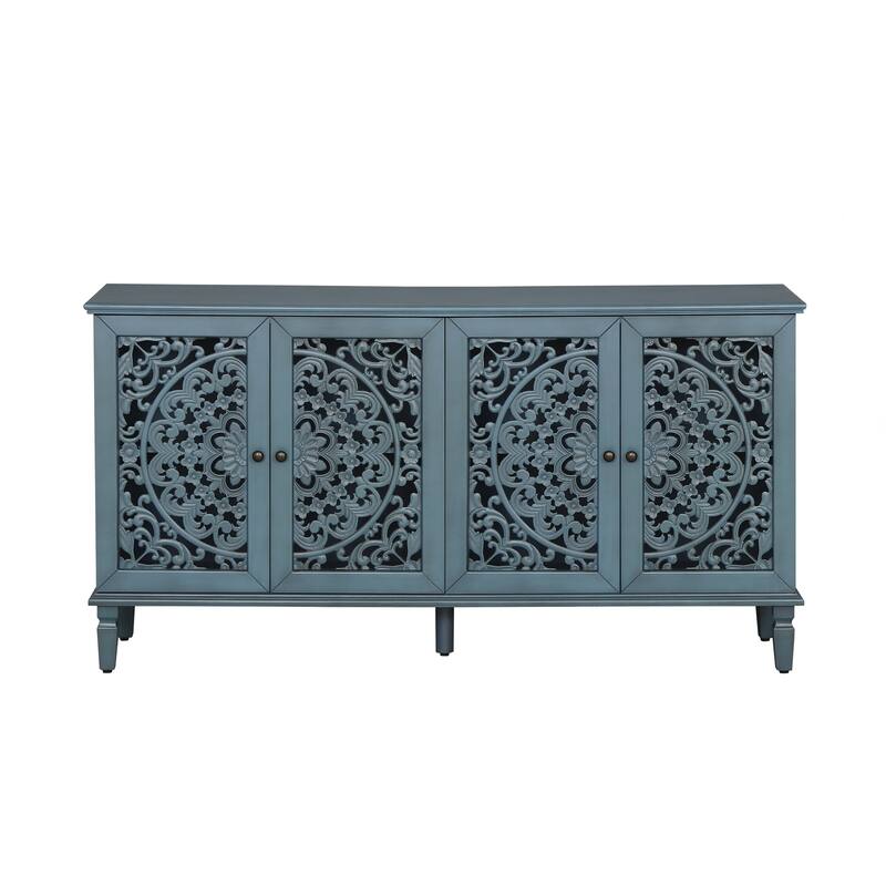 Buffet Cabinet with Floral Carvings with Solid Wood Legs&Antique Brass Handles&Adjustable Shelves,