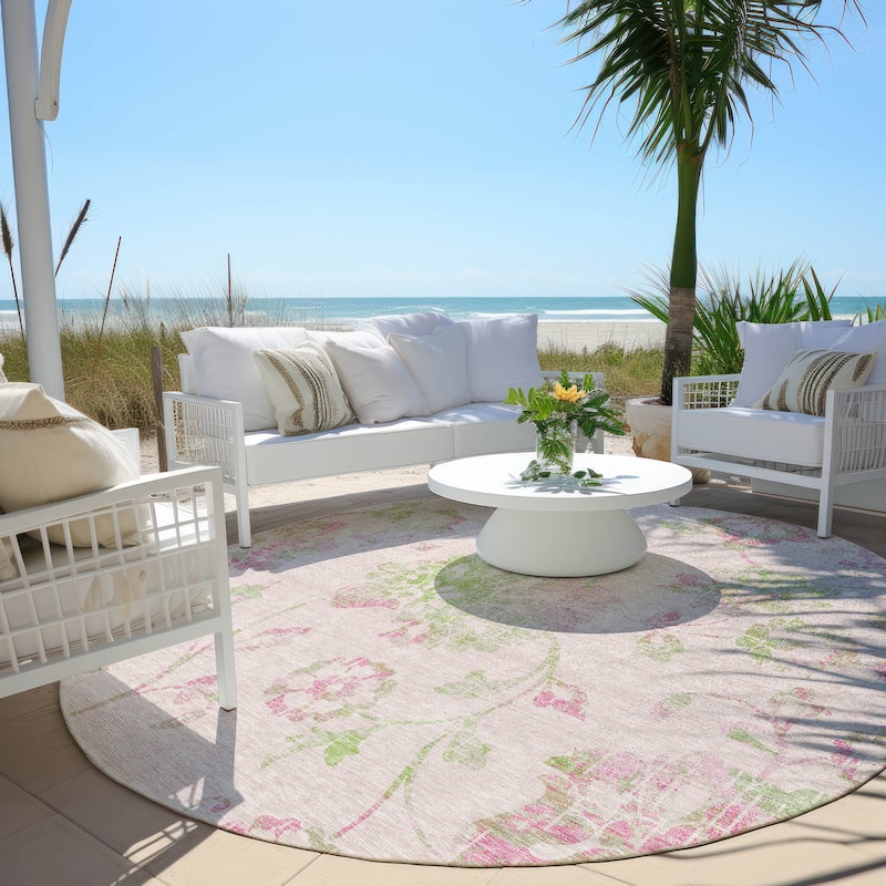 Machine Washable Indoor/ Outdoor Chantille Farmhouse Floral Rug - Pink - 8' x 8'