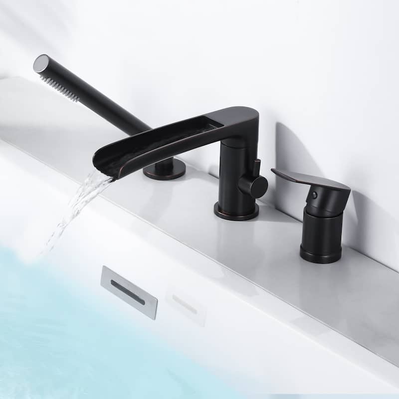 WOWOW Deck-Mount Waterfall Tub Faucet-Silicone Hand Shower
