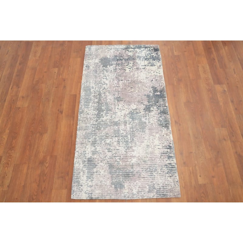 Hand Knotted Oriental Viscose Silk Carpet Modern Abstract Greys & Charcoal Abstract Area Rug - 4' 0'' X 2' 0''