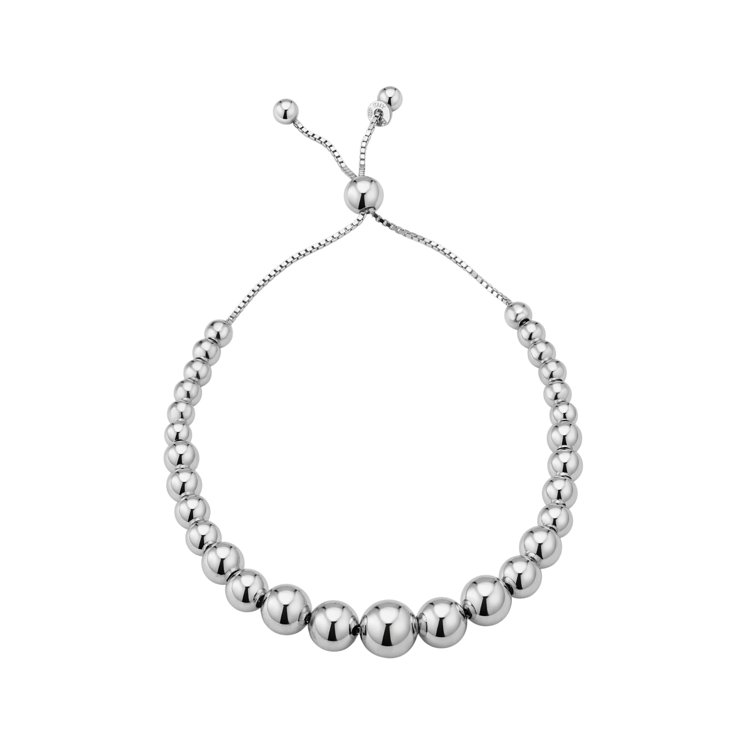 Au Naturale Rhodium Plated Sterling Silver Graduated Polished Ball Bolo Bracelet