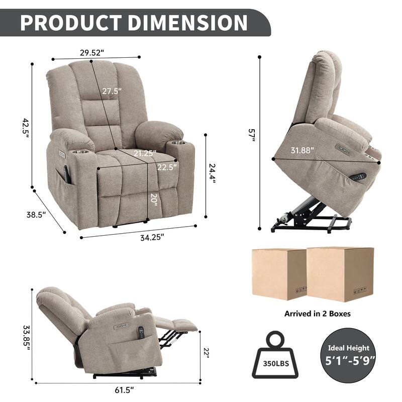 Large Power Lift Recliner with Massage & Heat - Heavy Duty Wide Recliner Chair for Elderly, USB/Type-C Charging, Cup Holders