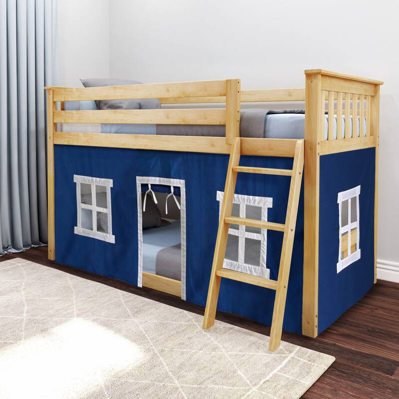 Max and Lily Twin over Twin Low Bunk with Curtains - Natural with Blue/White Curtain