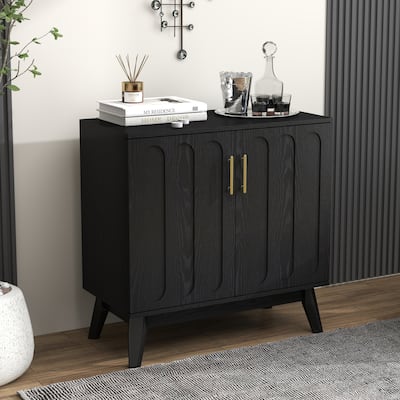 Mid Century Modern Fluted Sideboard Cabinet with Adjustable Shelves & Solid Wood Legs, Buffet Cabinet with Storage, Waln