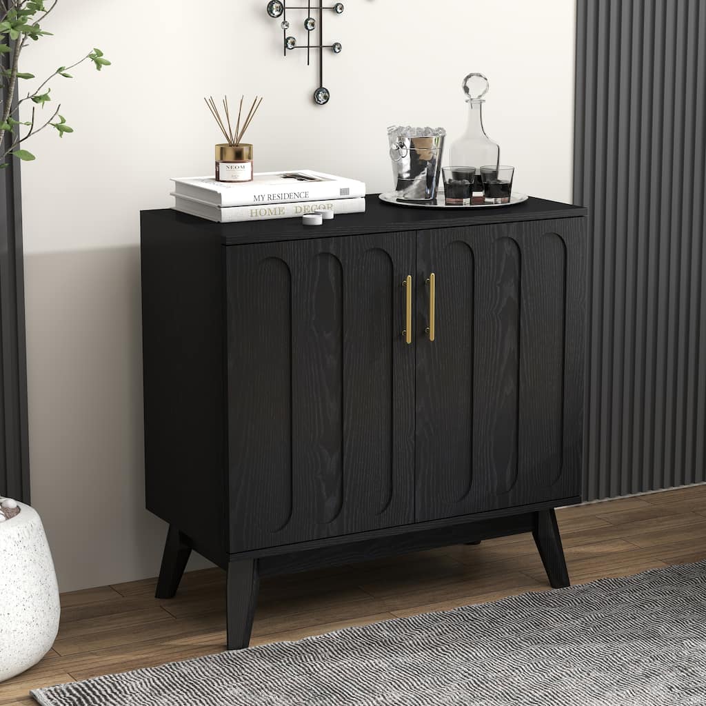 Mid Century Modern Fluted Sideboard Cabinet with Adjustable Shelves & Solid Wood Legs, Buffet Cabinet with Storage, Waln
