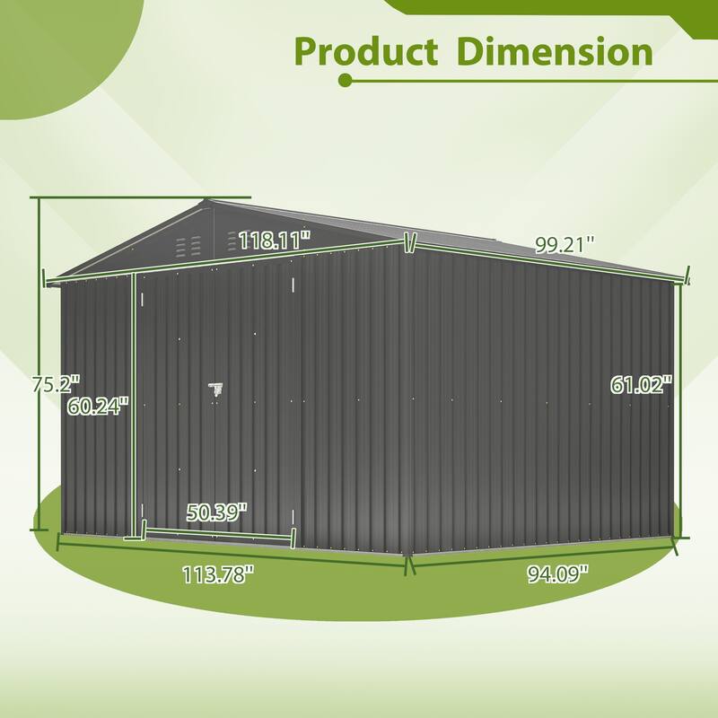 GDFStudio - Genevieve 10X8 FT Outdoor Metal Storage Shed with Lockable Doors for Garden and Backyard Organization - 10X8 FT