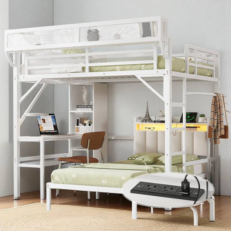 Full Over Twin Metal Bunk Bed with Desk, Bookshelves, LED Lights & Charging Station, Detachable Loft Bed - White - Full
