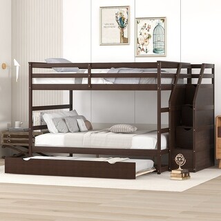 Espresso Full-Over-Full Bunk Bed, Trundle, 3 Storage Stairs, Elegant and Practical