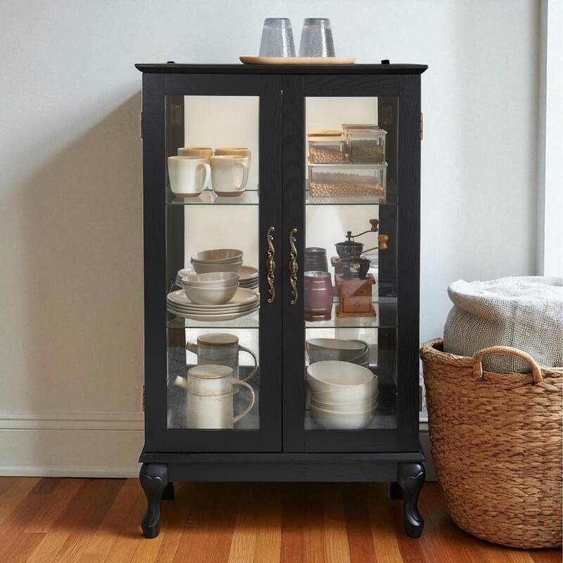 Elegant Curio Cabinet with LED Light, Tempered Glass Doors, Adjustable Shelves & Mirrored Back - Antique Display Storage