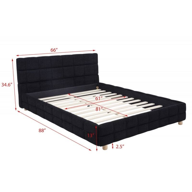 Queen Size Platform Bed with Fleece Upholstery and Grid-Patterned Headboard, Low Profile Modern Bed Frame in Black
