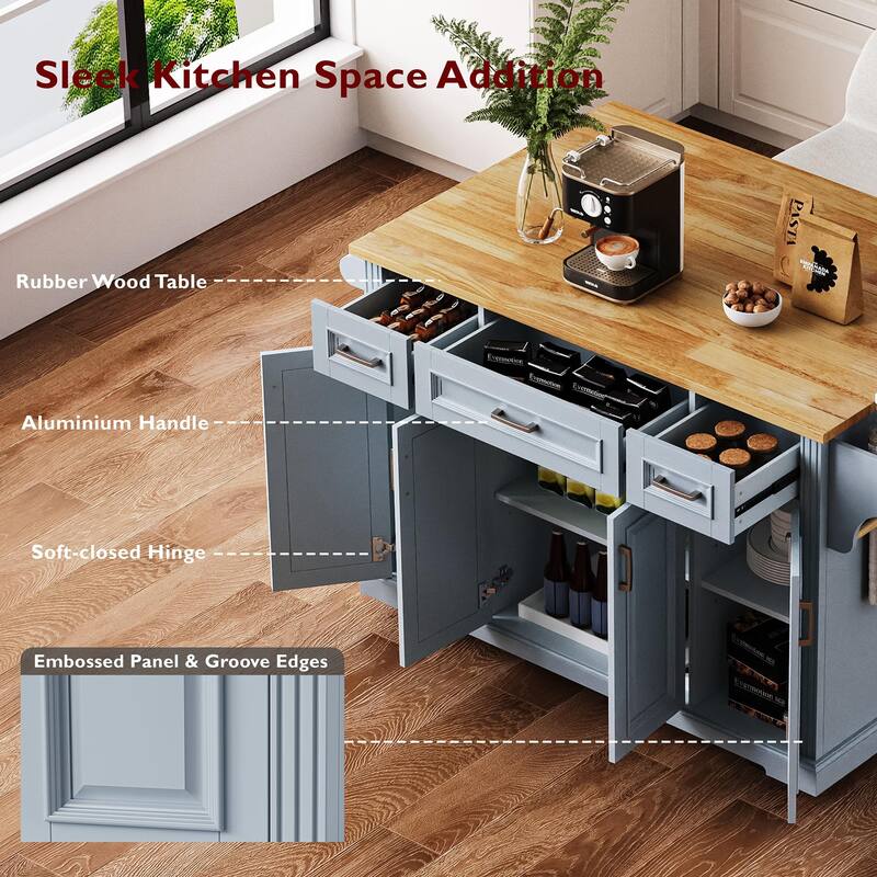 54" Large Kitchen Island with Rubber Wood Drop Leaf, 4 Wheels, 4 Doors & 3 Drawers