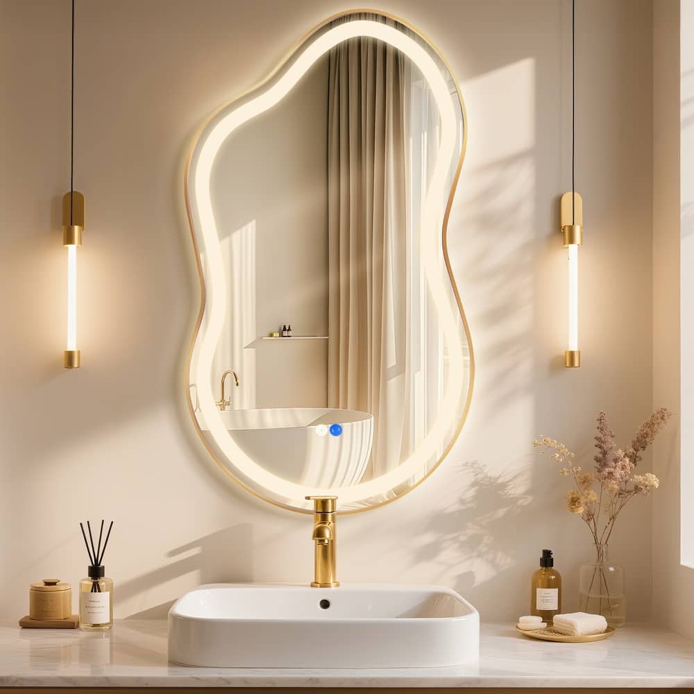 Asymmetrical Framed LED Light Anti-fog 3-Colors Dimmable Irregular Wall Mirror