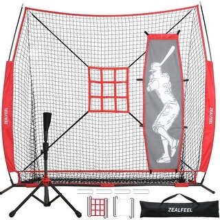 Zealfeel 7 x 7 ft Baseball Net Set: Batting Tee, Dummy Batter, 2 Strike Zones & Carry Bag - 7 x 7 ft