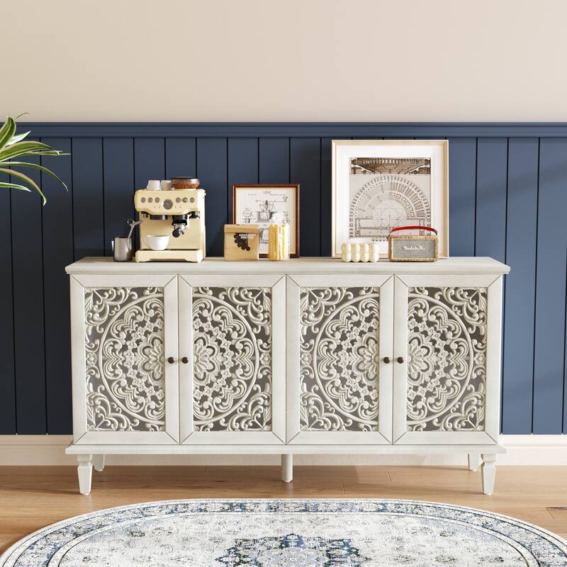TV Stand Sideboard, Buffet Cabinet with Floral Carvings, Wood Storage Cabinet with Adjustable Shelves