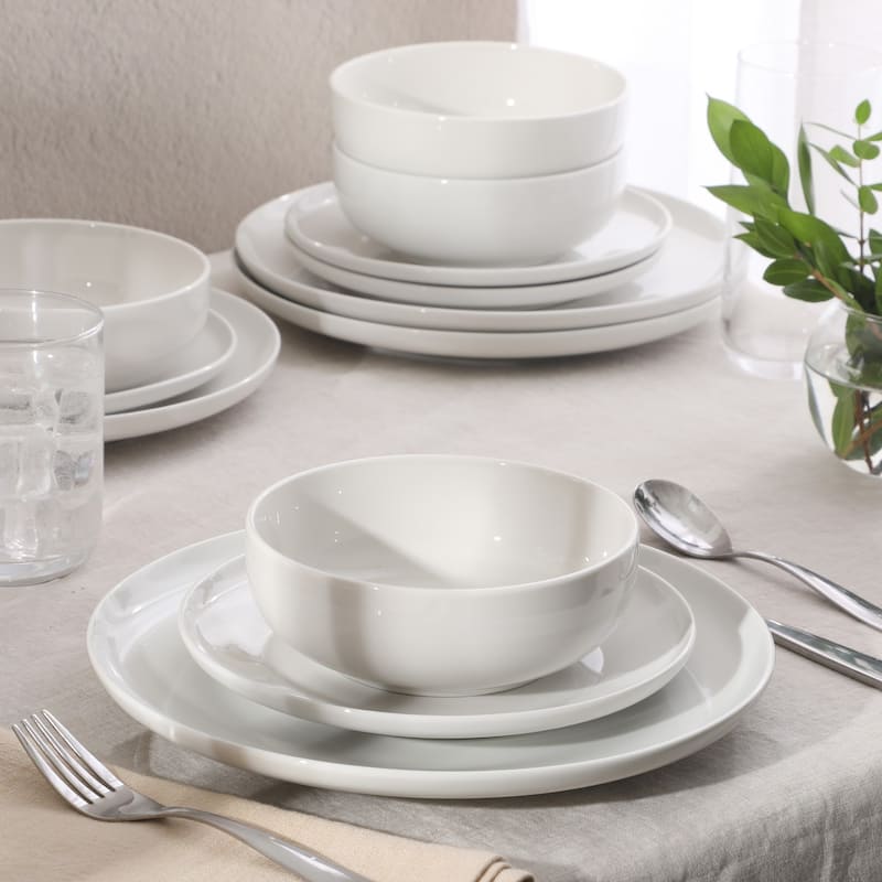 Gibson Home Havenstone 12-Piece Porcelain Dinnerware Set - Plates & Bowls, Classic White Everyday Dish Set