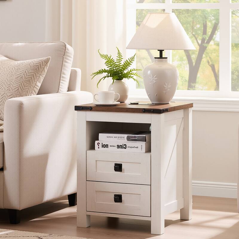 Modern Side Table with Charging Station, Nightstand, End Table - White