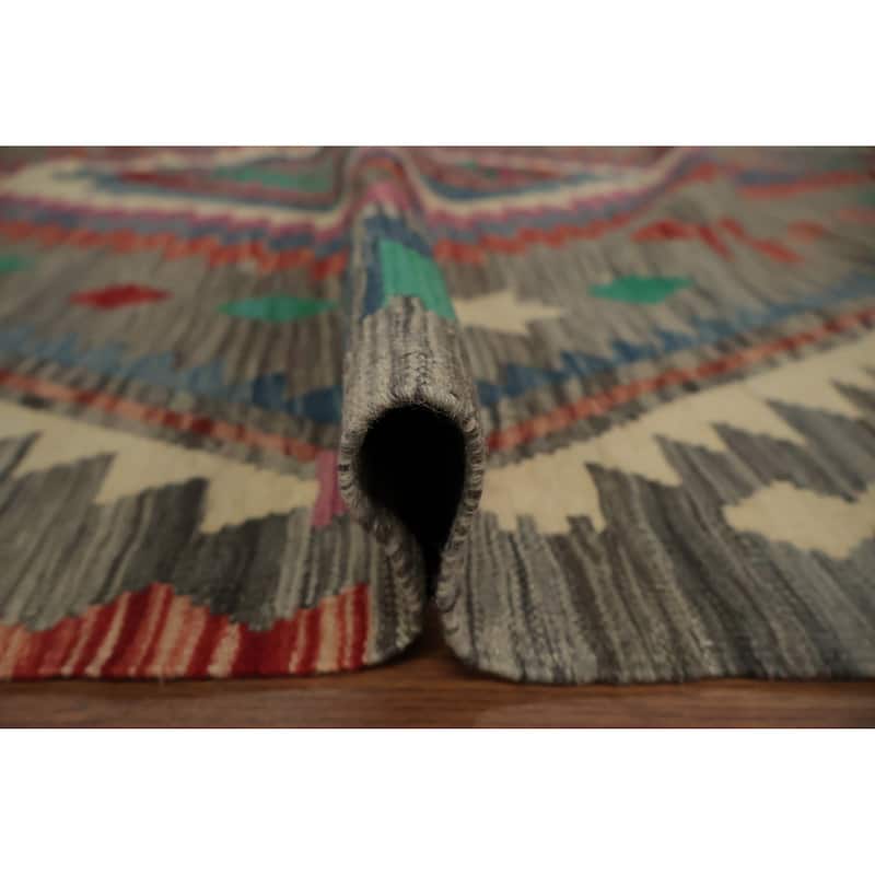 Hand Woven Oriental 100% Wool Carpet Southwestern Tribal Greys & Charcoal Kilim Area Rug - 9' 9'' X 6' 6''