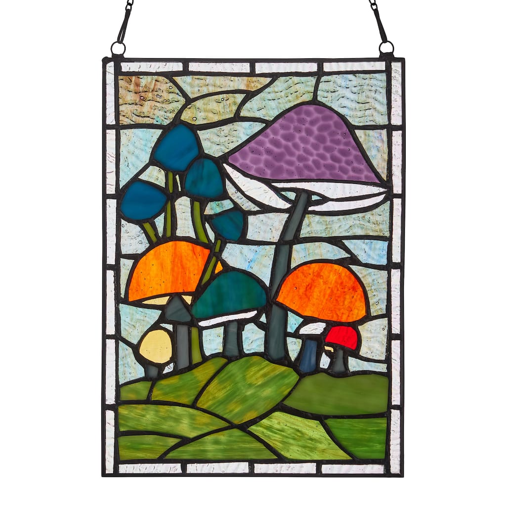 Mushrooms River of Goods Colored Stained Glass Vertical Window Panel