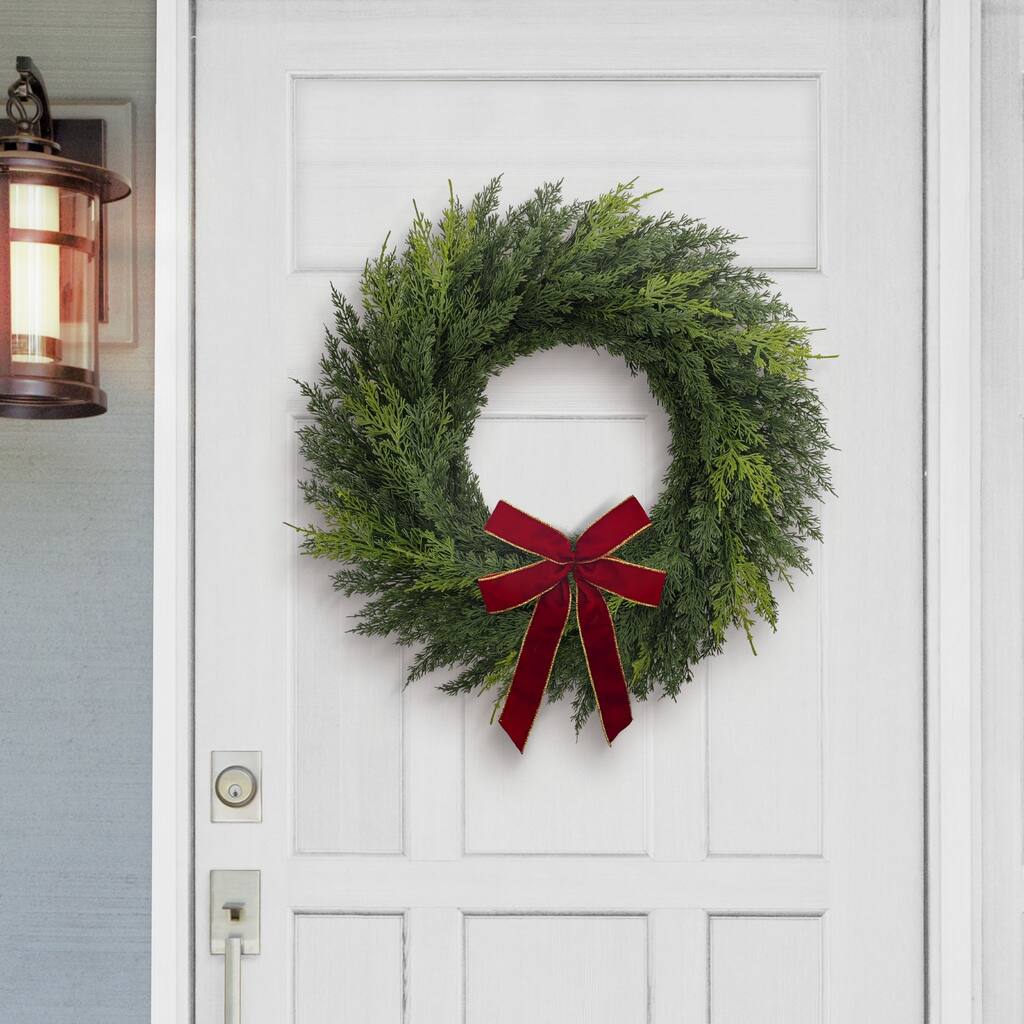 Cypress and Bow Ribbon Artificial Christmas Wreath - 22" - Unlit