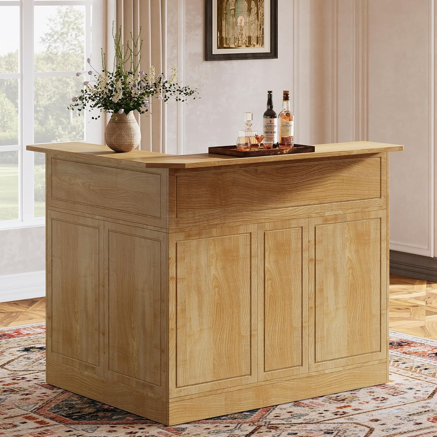 Black 4-Tier Bar Cabinet, L-Shaped Home Bar Table, Bar Unit with