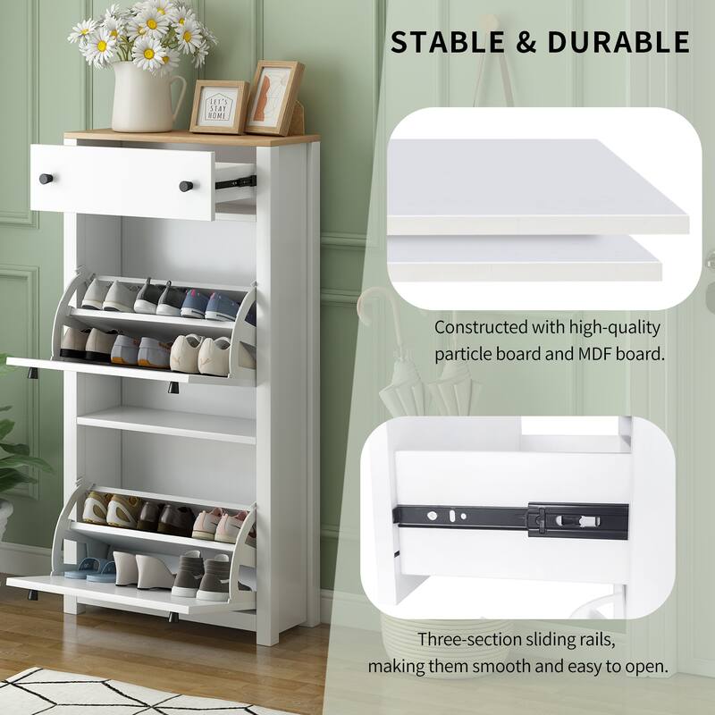 Entryway Organizer with 2 Flip Drawers, Wood Top Shoe with