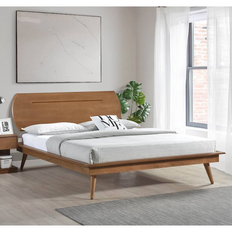 Full Size Wooden Platform Bed with Oval Headboard and Country Casual Style - Brown