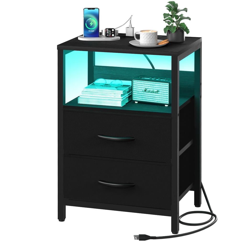 Nightstand with Charging Station,LED Night Stand with Fabric Drawers and Storage Shelf,Nightstands Bedside Tables with USB Ports