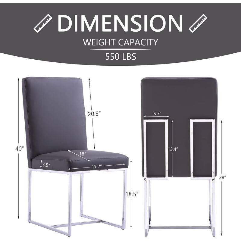 Dining Room Chairs in Grey PU Leather and Mirrored Silver Metal Legs