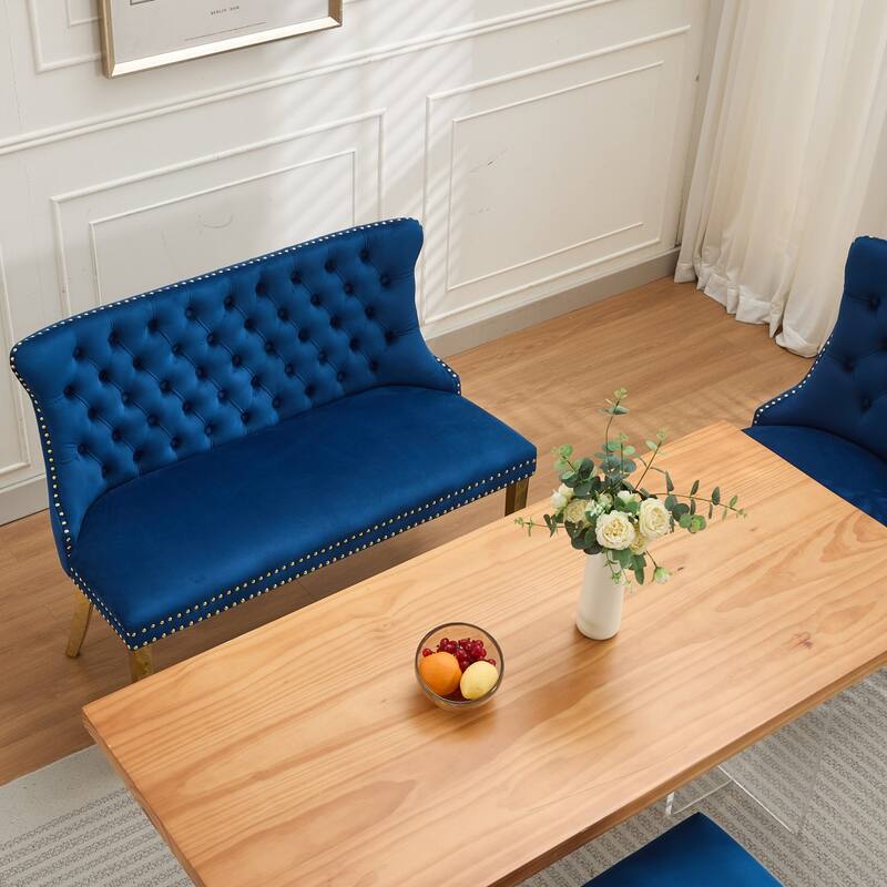 Velvet Double Dining Loveseat Bench, Kitchen & Dining Seating, 2-Seat Tufted Bench w/Handmade Buttons, Wing Back