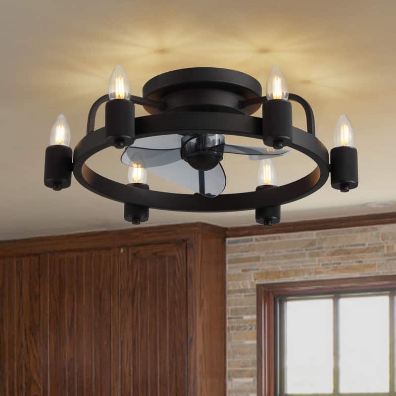 20 in. Black Ceiling Fans with Lights Low Profile Flush Mount Ceiling Fan with Remote Farmhouse Rustic Ceiling Fan for Bedroom - Black