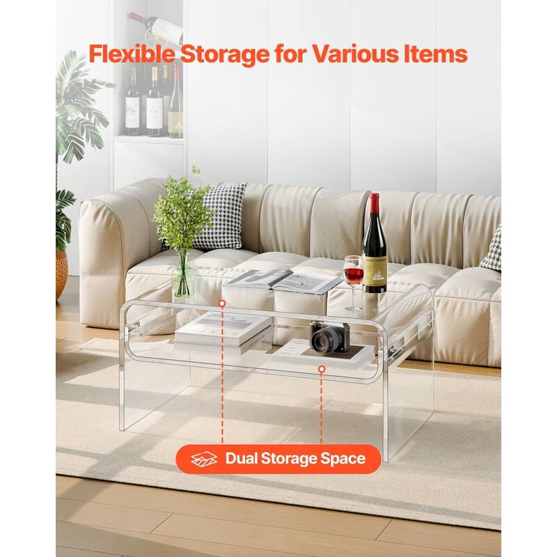 Clear Transparent Acrylic 2-Tier Coffee Table with Sturdy Metal Connectors and Storage - 19.7 x 31.5 x 15 in