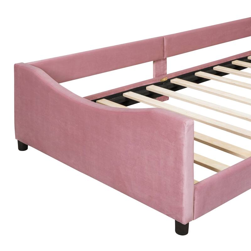 Pink Twin Upholstered Daybed with Rabbit Ear Headboard, Modern Design, Sturdy Pine Frame