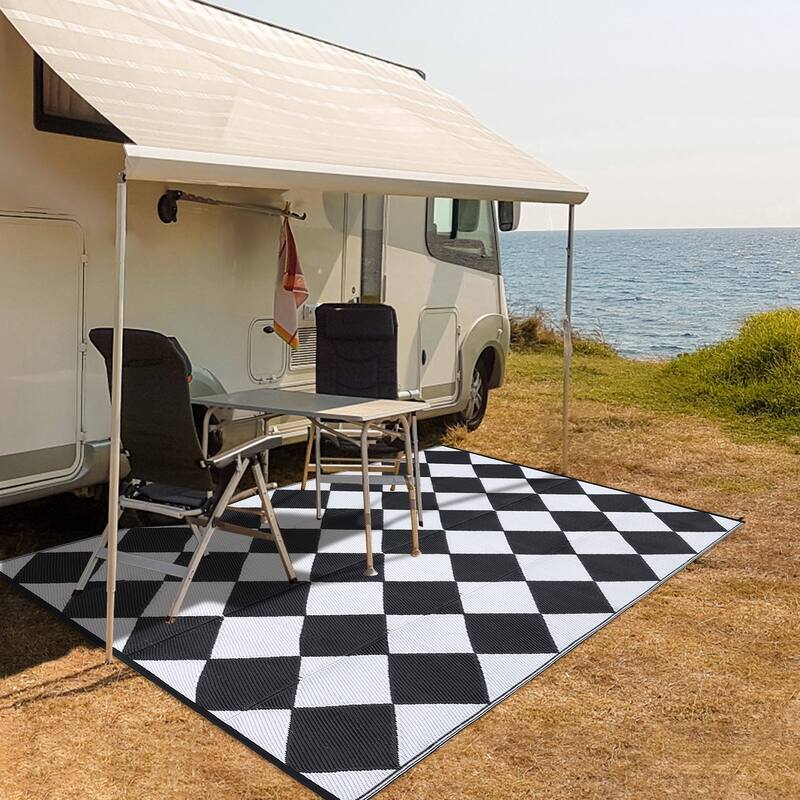 Outdoor Rug Waterproof Reversible Rug Plastic Straw Rug Checkered Floor Mat Outside Carpet for Camping RV Backyard Patio