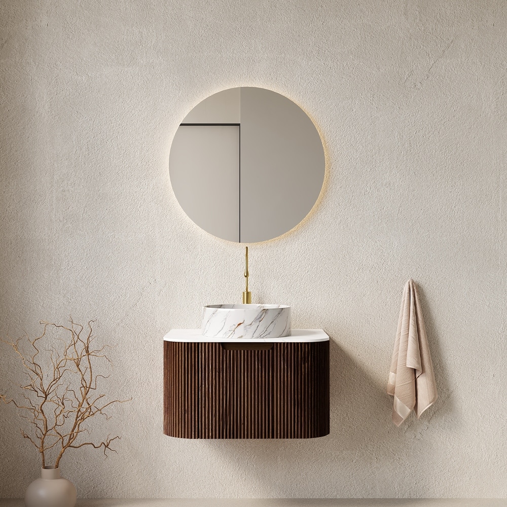 24 Inch/30 Inch/36 Inch Wall-Mounted Bathroom Vanity Cabinet with Counter Top Sink, Round Ceramic Basin with Stone Pattern