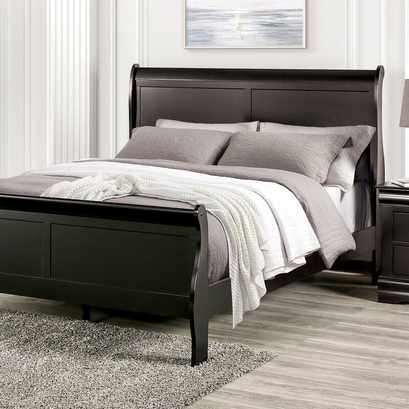 Queen Size Sleigh Bed in Black, Contemporary Style, Solid Wood Construction - Black