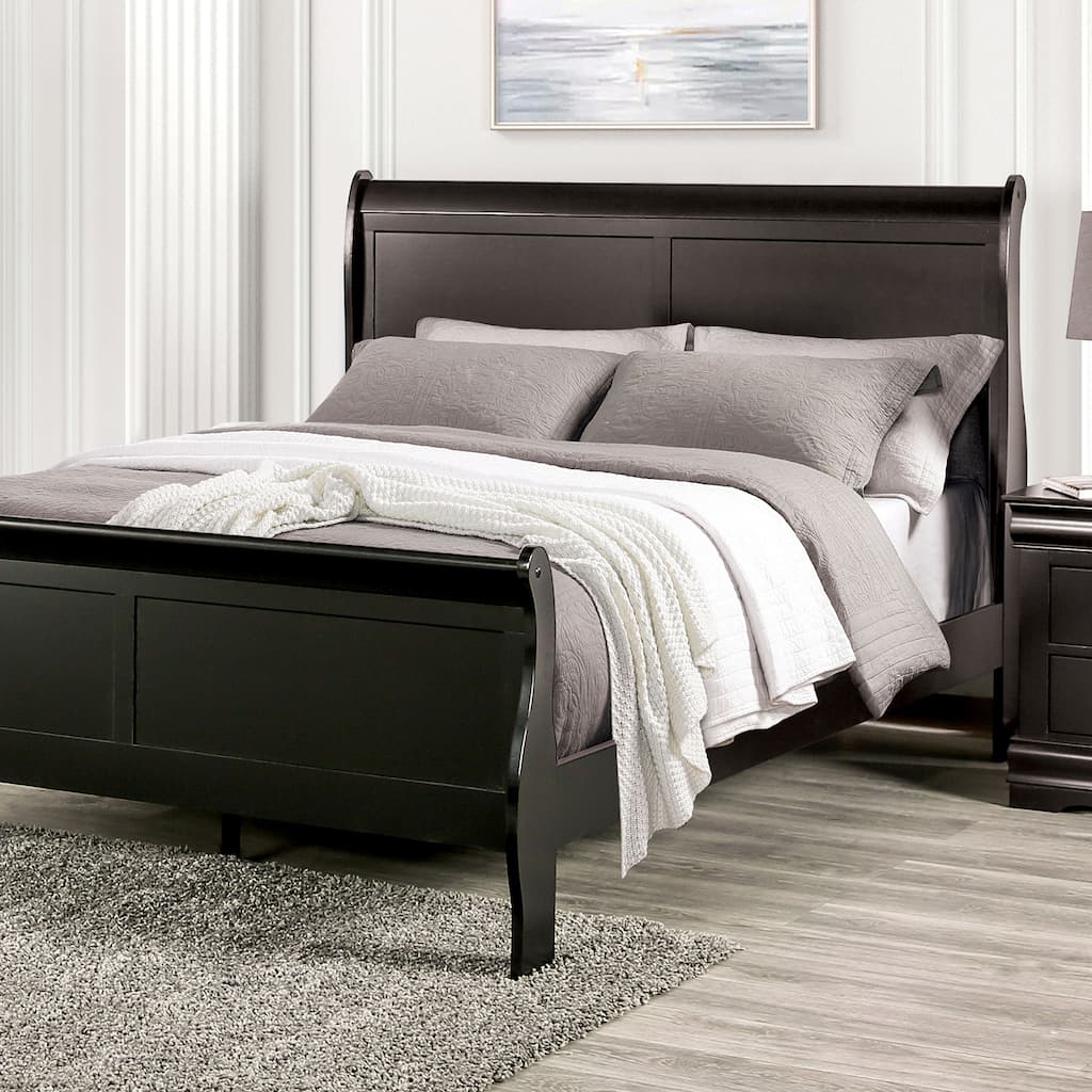 Queen Size Sleigh Bed in Black, Contemporary Style, Solid Wood Construction