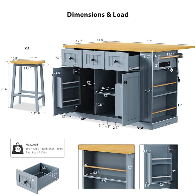 Kitchen Island with 2 Bar Stools, Kitchen Cart with Drop Leaf, Kitchen Cabinet with Built-in Charging Station