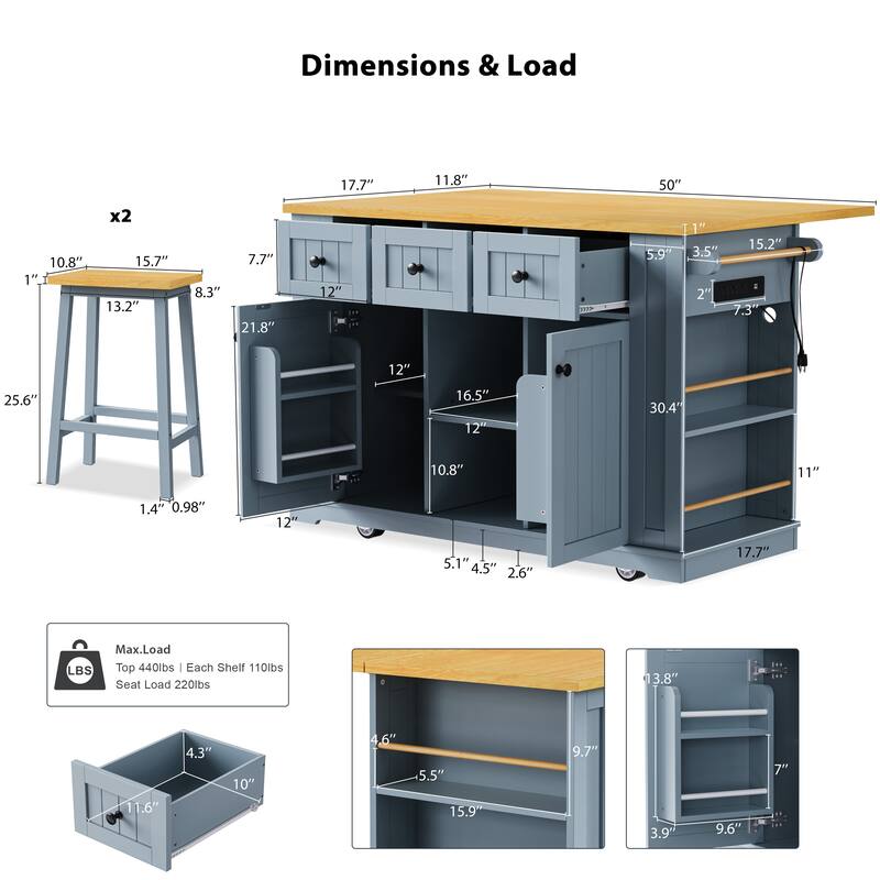 Roomfitters Kitchen Island Cart with 2 Bar Stools and Power Outlet