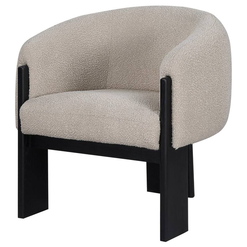 Vala Accent Chair, Modern Plush Beige Boucle Barrel Back, Black Wood