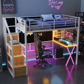 Twin Size Metal Loft Bed with Built-in Work Station, Wardrobe, Storage Staircase and LED, Loft Bed Frame, No Box Spring Needed