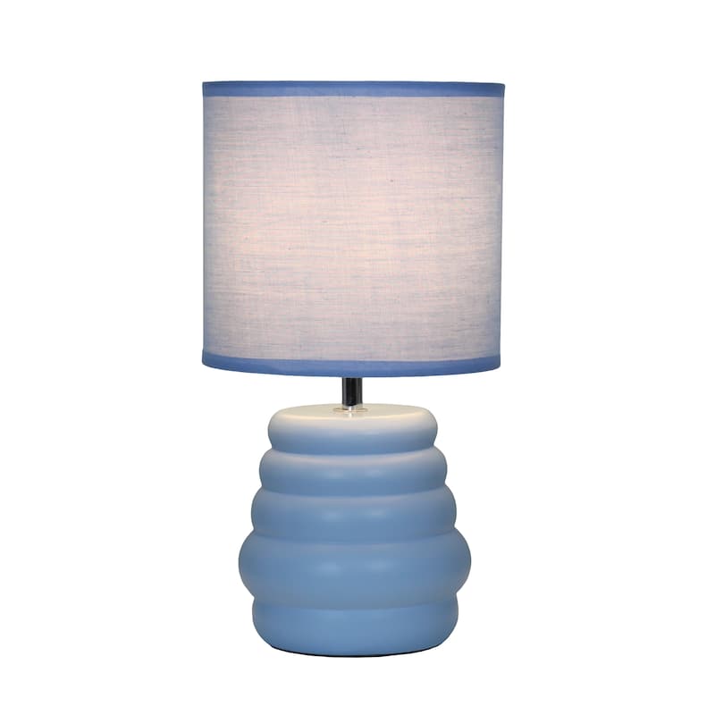 Stacked Ceramic Mini Table Lamp with Fabric Drum Shade Modern Sculptural Accent Lighting Compact Design - Light Blue