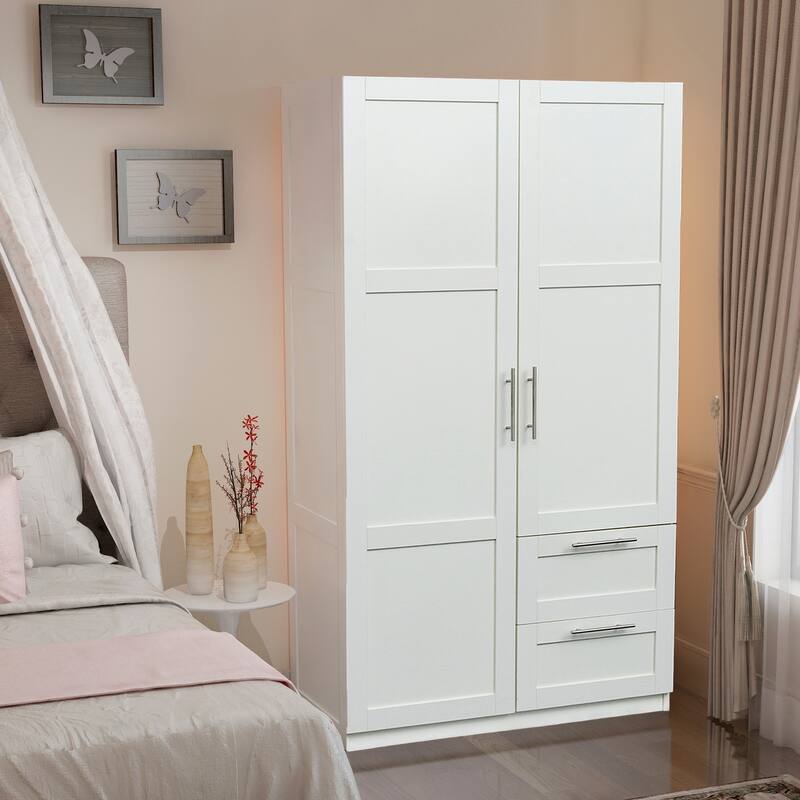 2 Door Wooden Wardrobes, Equipped with Suspension Rods and Drawers, Large Capacity Bedroom Wardrobe Storage Cabinets