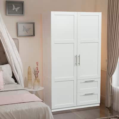 Bedroom 2-Door Armoire Clothes Storage Cabinet, High Wardrobe with Hanging Clothes Rod, 2 Drawer and 3 Partitions, White