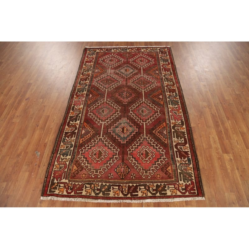 Red & Pink Geometric Bakhtiari Persian Rug Hand-Knotted Wool Carpet - 4'5" x 7'4"