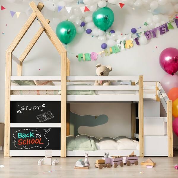 slide 2 of 15, Twin over Twin House Bunk Bed with White Storage Staircase and 2 Blackboards for Kids White and Natural