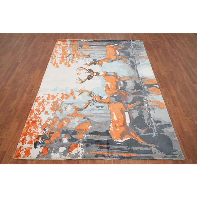 Hand Knotted Oriental Viscose Silk Carpet Modern Animal Pictorial Greys & Charcoal Abstract Area Rug - 7' 11'' X 5' 7''