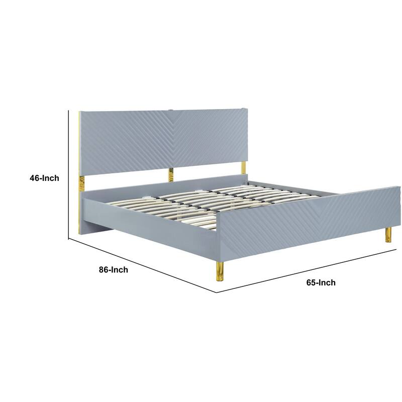Tyra Modern Queen Bed, Panel Headboard, Textured Chevron, Slate Gray, Gold