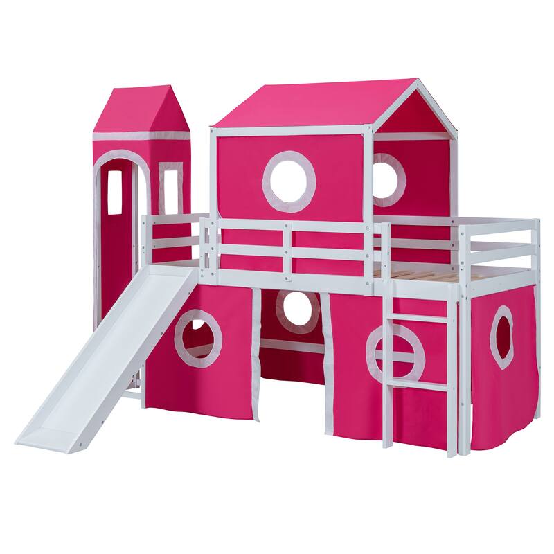 Pink Twin Size Solid Wood Loft House Bed with Slide Tent, Tower, Ladder, and Fence Baffle for Bedroom