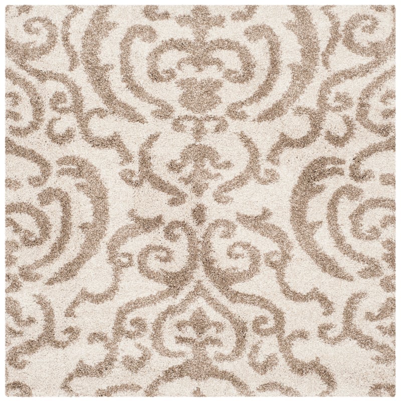 SAFAVIEH Florida Shag Frachia Ornate Damask 1.2-inch Thick Rug - 4' Square - Cream/Beige